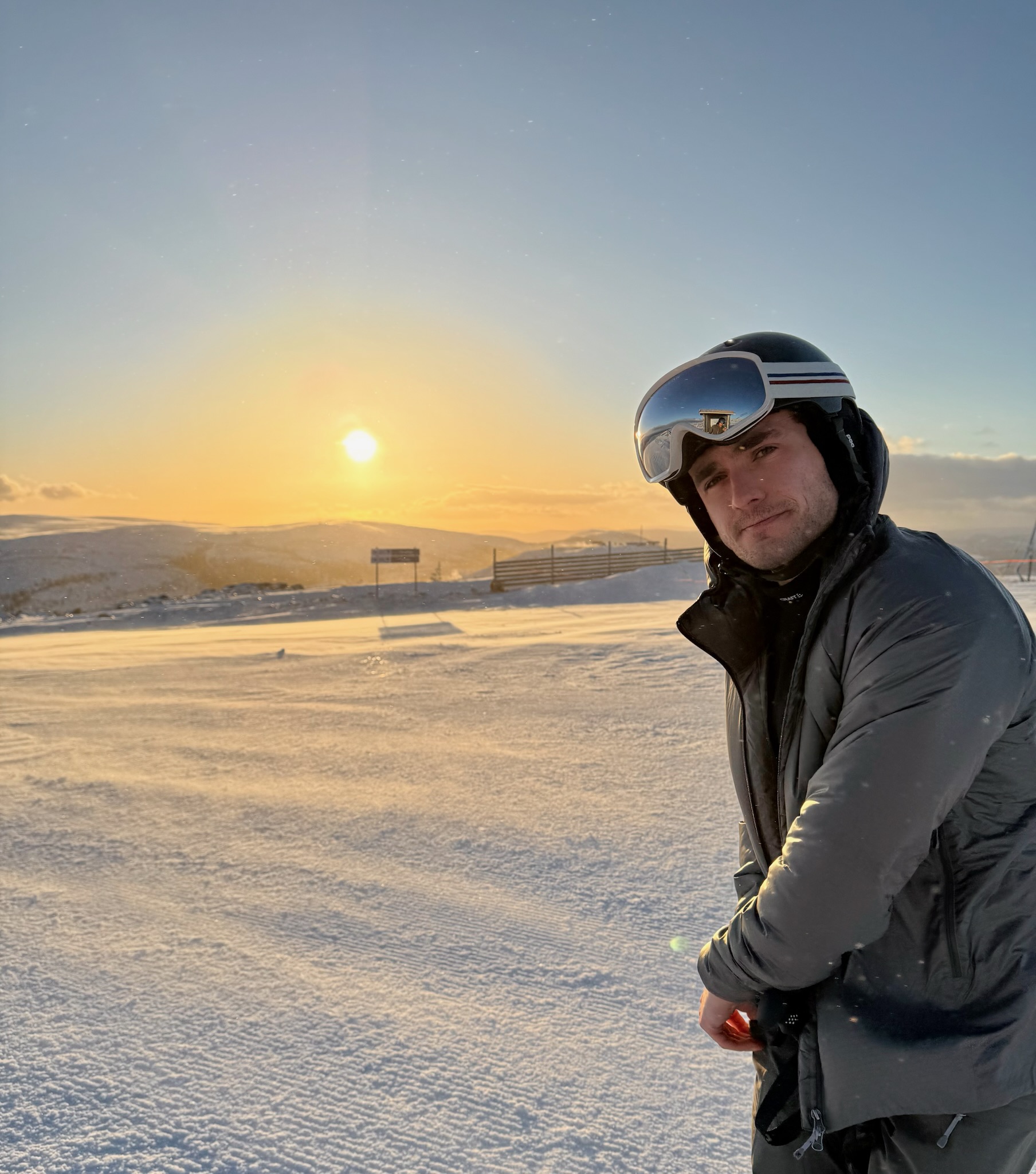 Skiing at sunset